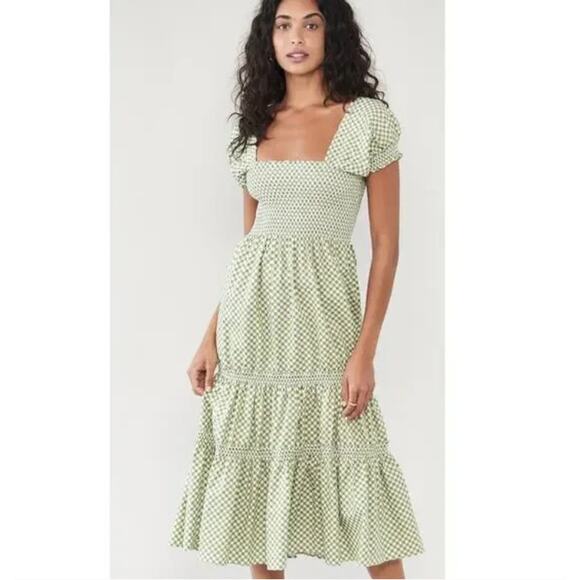 o.p.t NWOT Square Neck Smocked Maxi Dress Green Gingham Size Large - Picture 1 of 9